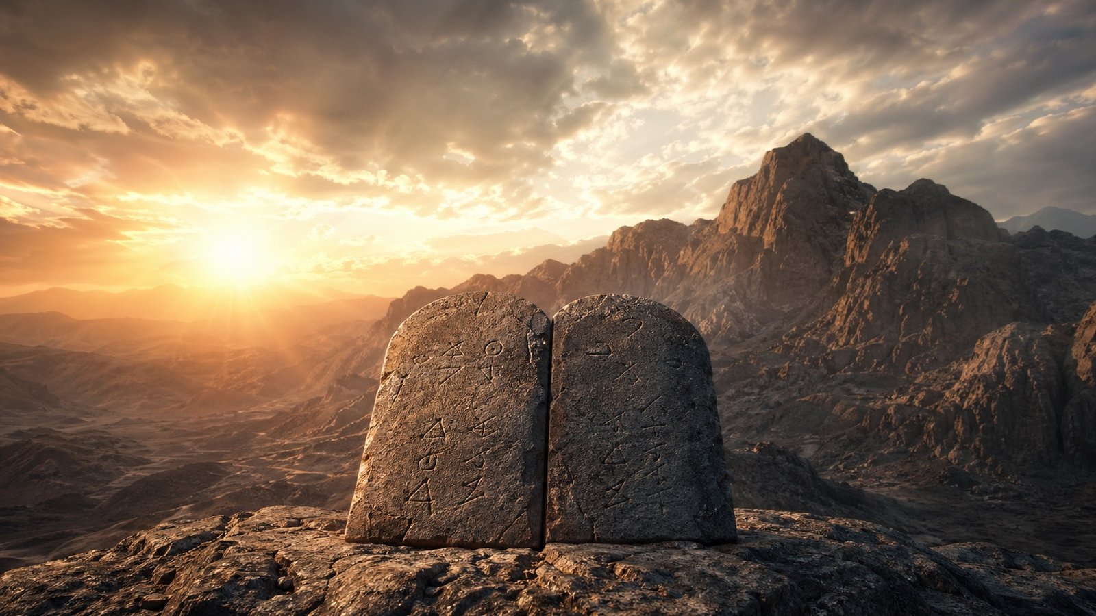 Ancient tablets and manuscripts in a mountain landscape at sunrise